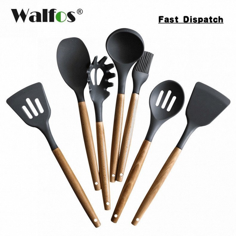 Conjunto de Utensílios de Cozinha de Silicone Walfos, Espátula Antiaderente, Colher com Cabo de Madeira, Pincel ZP0S