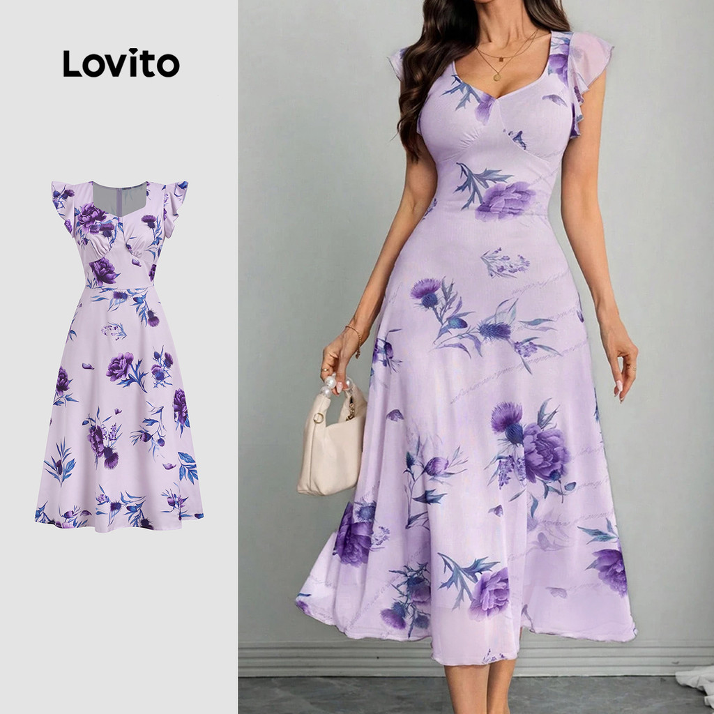 (New Arrival) Lovito Vestido Casual com Babados Primavera/verão Vestido Roxo par