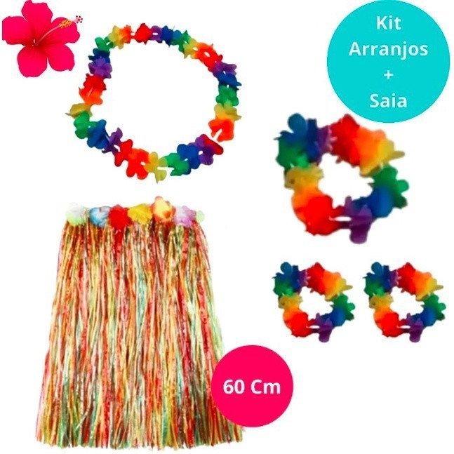 Saia Longa Havaiana Luau Festa Havaiana 60 Cm + Adereços