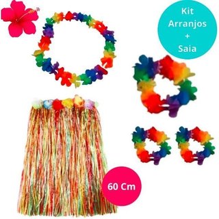 Saia Longa Havaiana Luau Festa Havaiana 60 Cm + Adereços