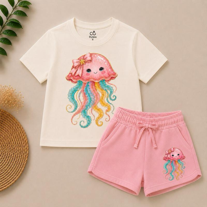 Conjunto Infantil Menina Água-Viva – Camiseta Estampada + Short Rosa Moletinho | Look Fofo, Verão e Confortável