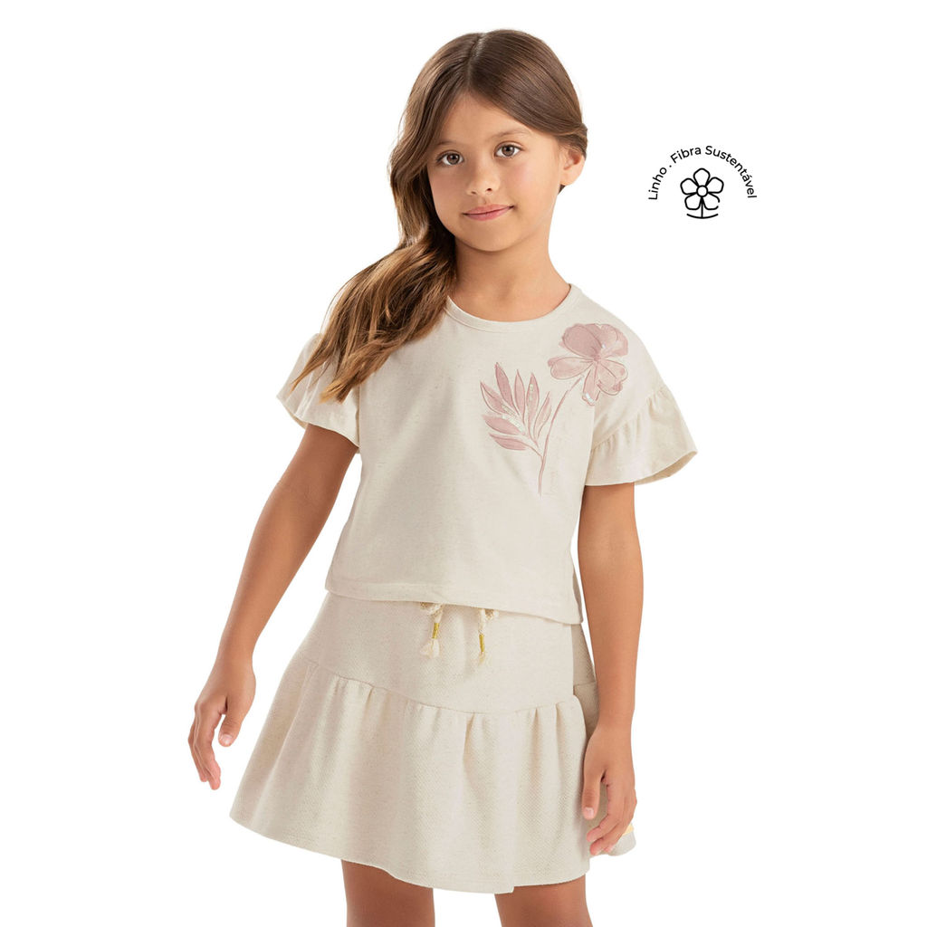 Conjunto Infantil Menina Linho Floral Colorittá Bege