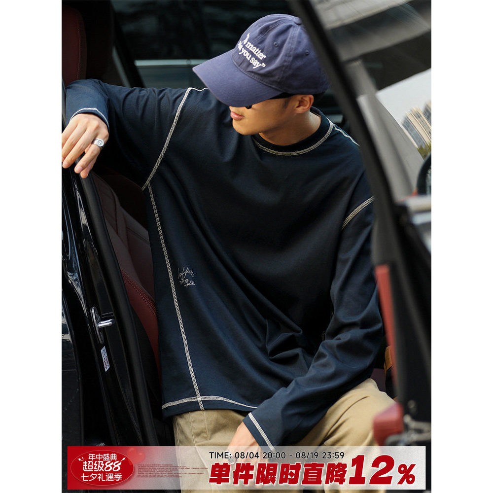 260g ei Ma Qizuo americano Retro primavera outono contraste cor carta impressão de manga comprida camiseta masculina Cas