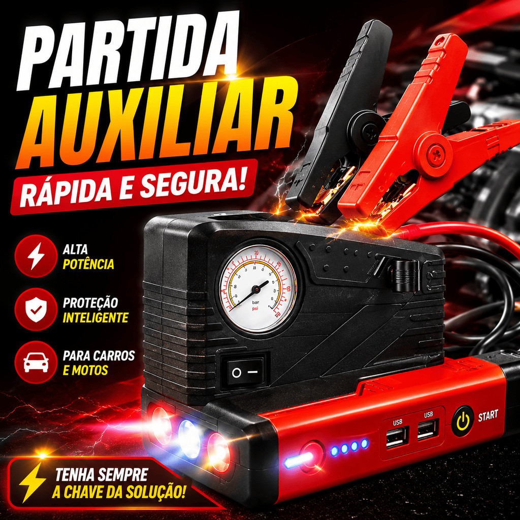 Carregador Auxiliar Partida Bateria Arrancador 12V Multifuncional Carregador De Celular Garra Jacaré Maleta Completa Top
