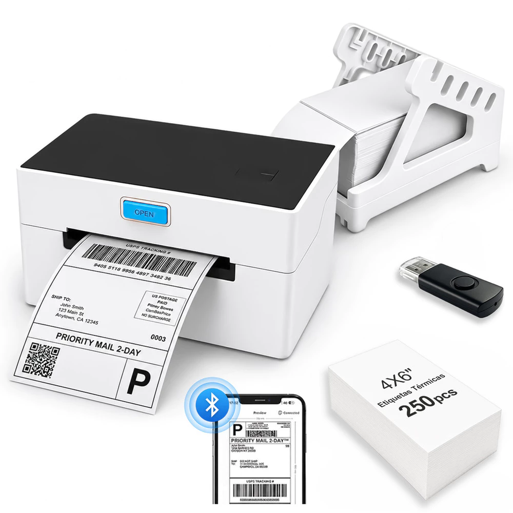 ZATEL 250 Etiquetas USB Impressora Térmica Bluetooth com Suporte Código de Barras E-commerce e Frete