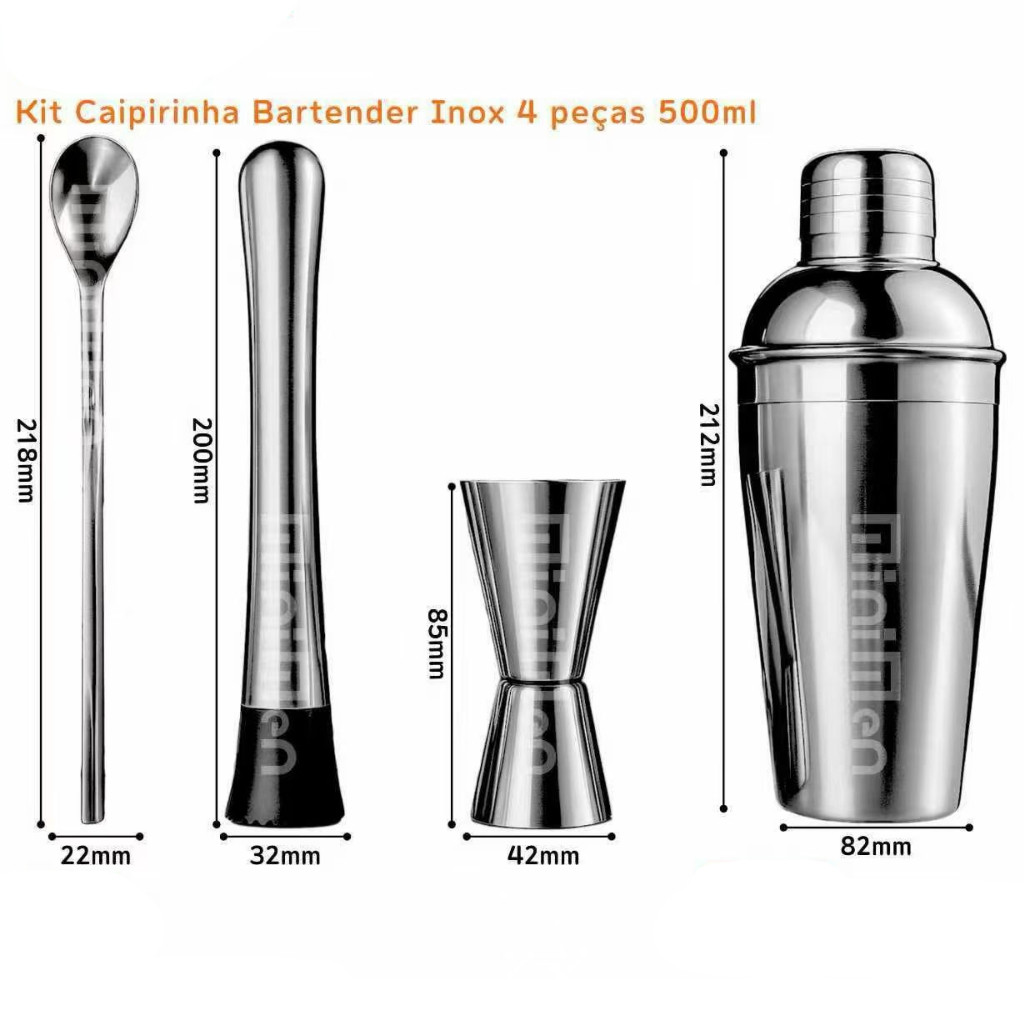 Kit Bartender Completo Coqueteleira Inox 500ml 4 Pçs Para Drinks E Caipirinha Pr