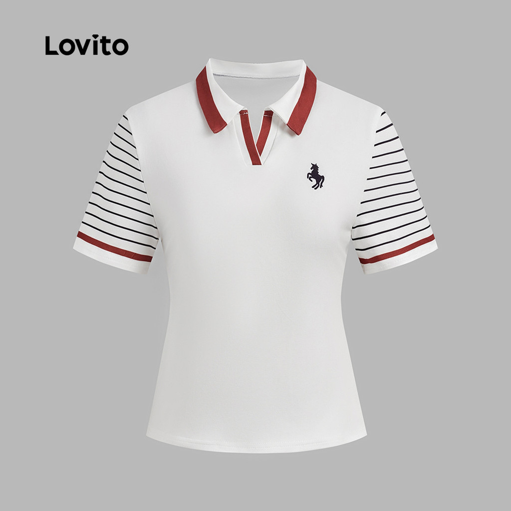 Lovito Camiseta Casual com Estampa em Contraste Listra Lateral Primavera/verão Off White para Mulheres TSB202P2D070 · foto 2
