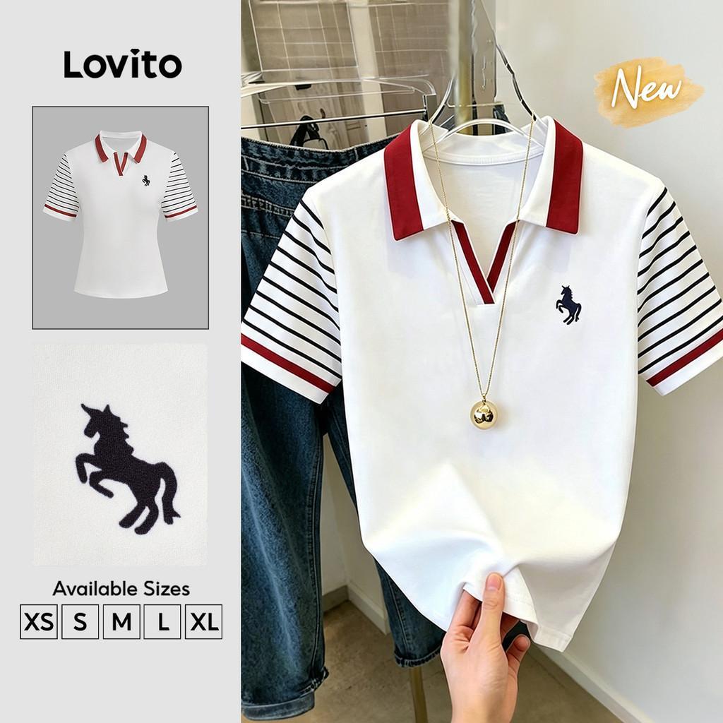(New Arrival) Lovito Camiseta Casual com Estampa em Contraste Listra Lateral Primavera/verão Off White para Mulheres TSB202P2D070