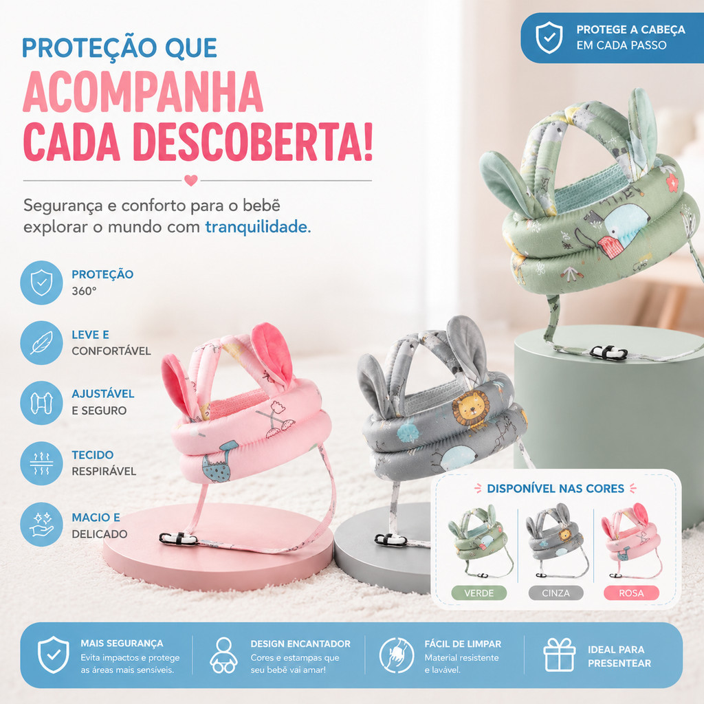 Capacete Protetor Antiqueda Bebê Proteção Cabeça 360° Ajustável Respirável Primeiros Passos