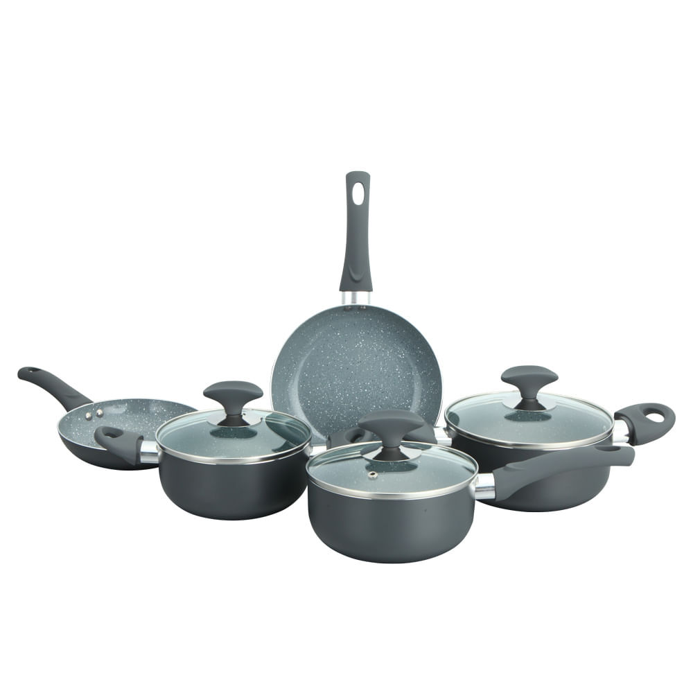 Conjunto 5 Panelas Cerâmica Cazza Tampa de Vidro Cinza