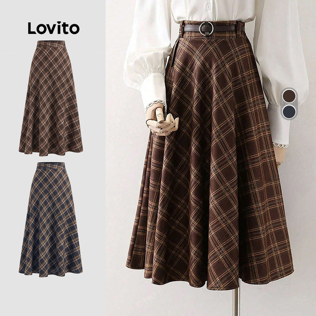 Saia Lovito Casual com Costura em Tecido Xadrez Saia Feminina LBL22556
