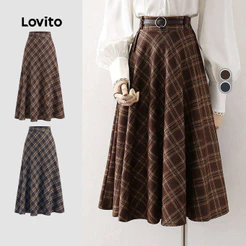 Saia Lovito Casual Cintura Alta com Costura em Tecido Xadrez Saia Feminina LBL22556