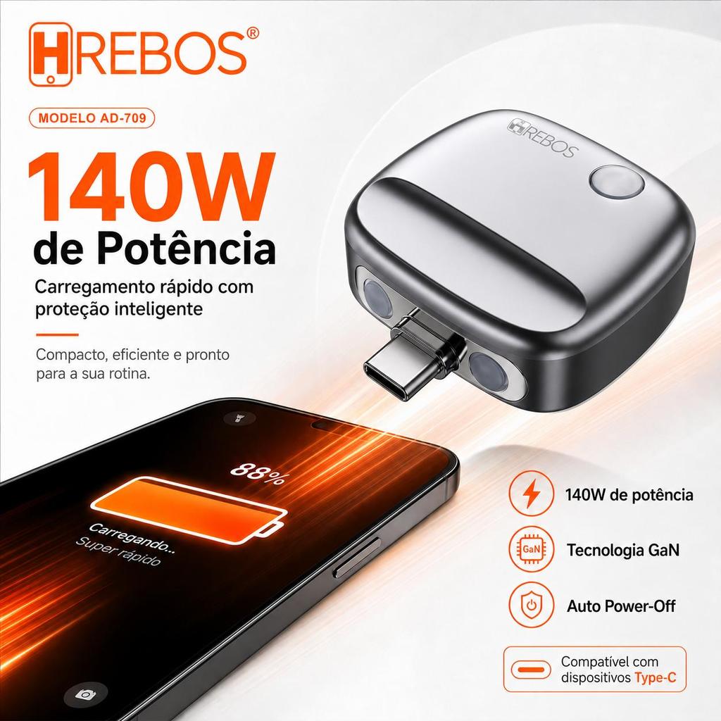 Hrebos Carregador com proteção de bateria e desconexão física USB-C de 140 W — Ejeção automática