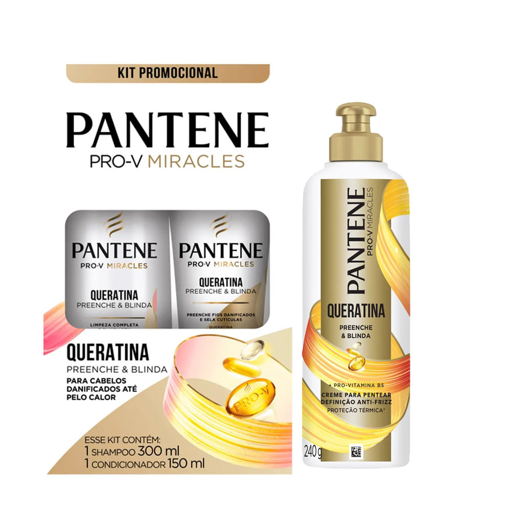 Kit Pantene Queratina Shampoo 300ml + Condicionador 150ml + Creme Para Pentear 2