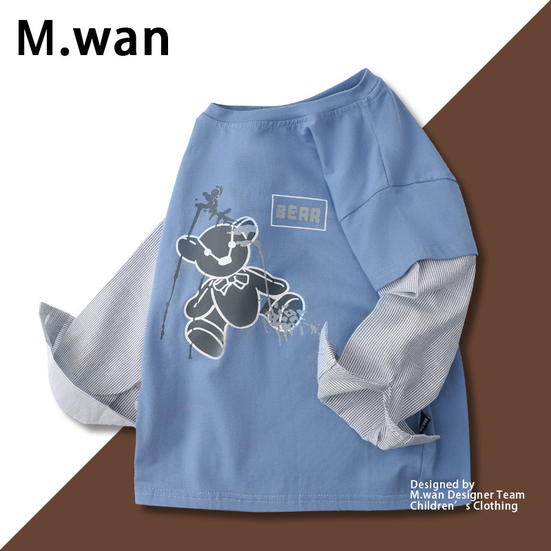 Menino urso camiseta falso de duas peças Street Wear primavera outono menino bebê impresso puro algodão camiseta criança