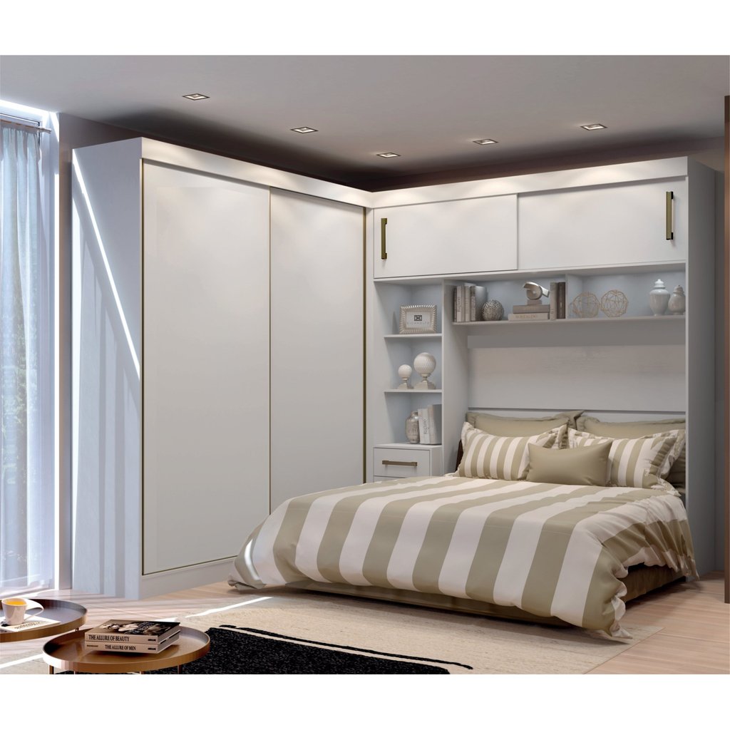 Quarto Modulado Casal com Cabeceira Queen 4 Portas de Correr 3 Gavetas Florença Espresso Móveis Branco Branco