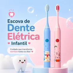 Escova Elétrica Infantil + 2 Cabeças Remove Placa Cerdas Macias IPX7 Sônica Bucal