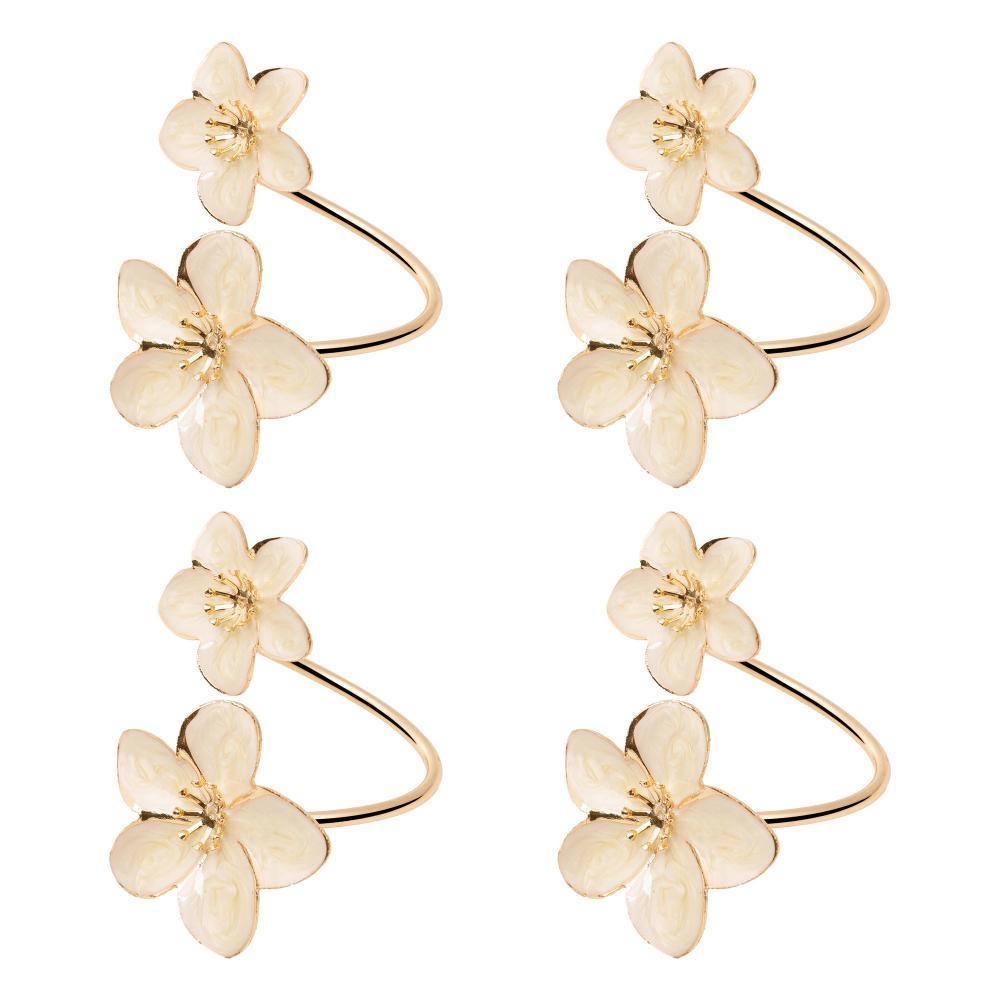 Jogo 4 Anéis para Guardanapo Two Flowers Branco Zamac Wolff Decoração Mesa Posta Jantar Sala Sofisticada Elegante Chique