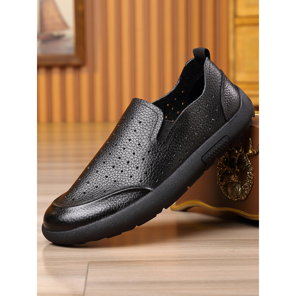 Sapatos de couro casuais masculinos verão respirável malha fina única camada de couro sandálias ocas de um Pedal sapatos