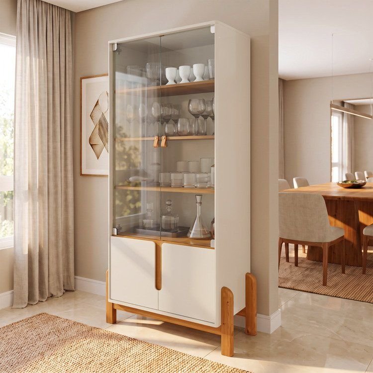 Cristaleira 4 Portas Vidro MDF Off White Cedro 83cm Lizz Bege Off White/Cedro