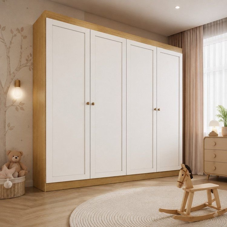 Guarda-Roupa Infantil Americano 4 Portas Provençal em MDF e 2 Gavetas Alecrim Yescasa Branco/Savana Savana/Branco