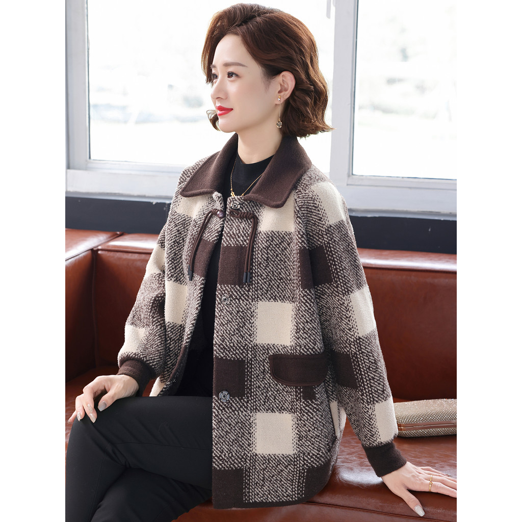 Novo estilo chinês mãe primavera outono roupas jaqueta estilo ocidental xadrez roupas superiores de meia-idade mulheres 