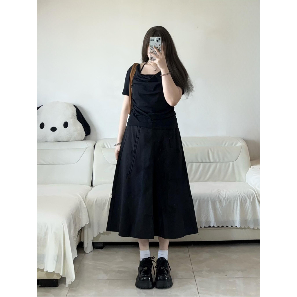 G enorme lindo macacão saia feminina 2026 novo estilo verão Plus Size gordura mm preto mais magro olhar capa barriga a l
