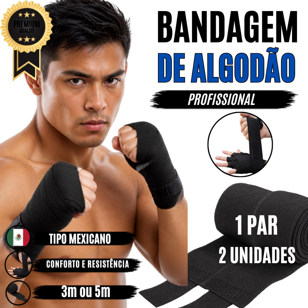 Par de Bandagem Algodão Profissional Boxe 3 Metros Preta Faixa Mãos Muay Thai MMA Proteção Punho