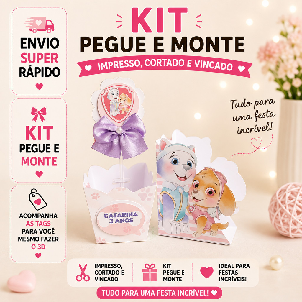 KIT CENTRO DE MESA PERSONALIZADO PATRULHA CANINA CACHEPÔ,GUARDANAPO ROSA, LEMBRANCINHAS