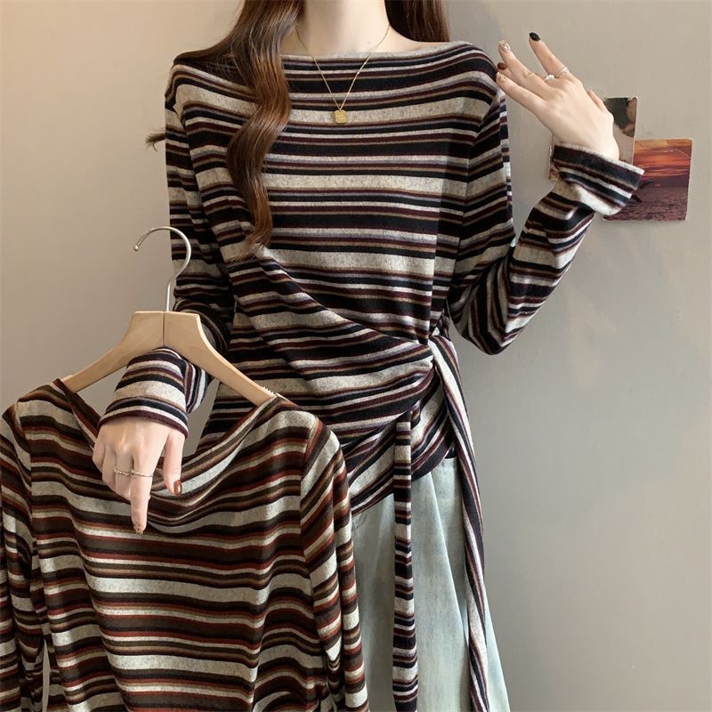 Tamanho grande listrado manga comprida camiseta feminina primavera outono Irregular rendas cintura estreita gordura mm s