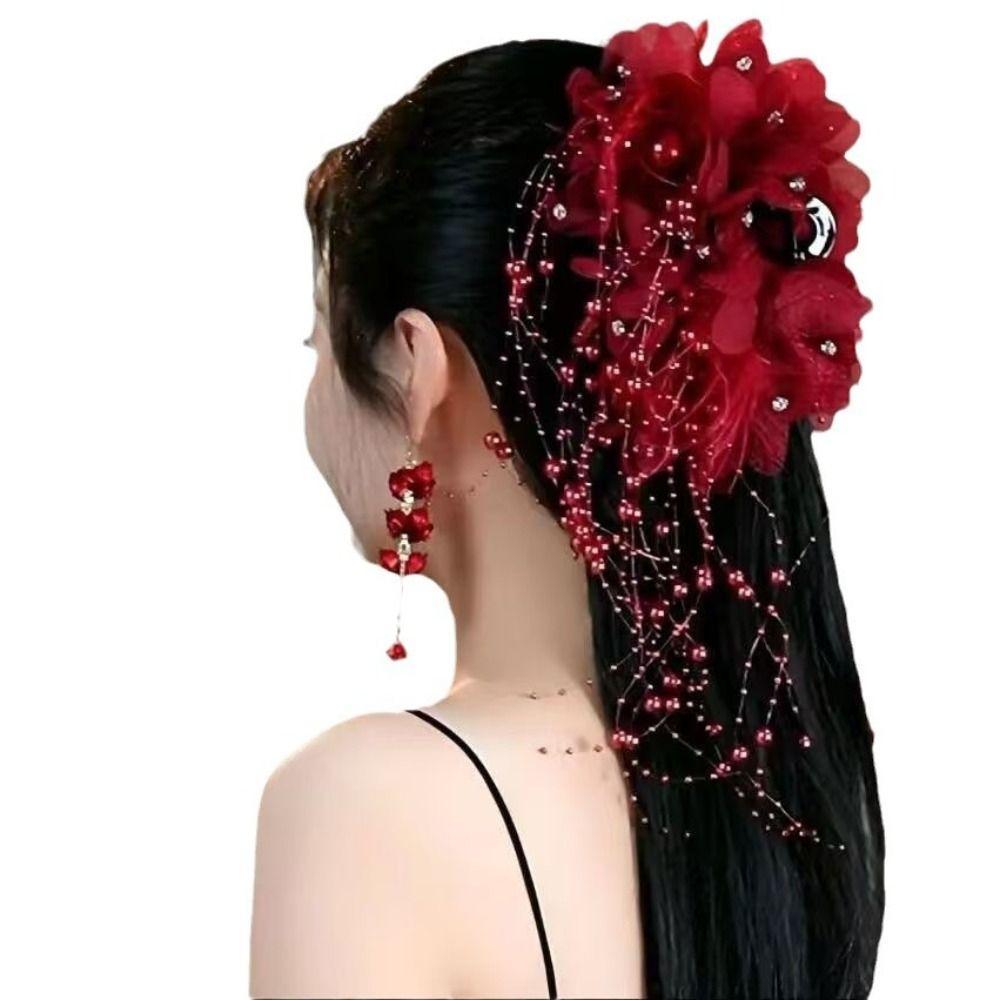 SUBEI Grampo De Agarrar , Garra De Cabelo De Pano De Quatro Flores , Grampos Arco De Borla De Pérolas De Penas Para Meni