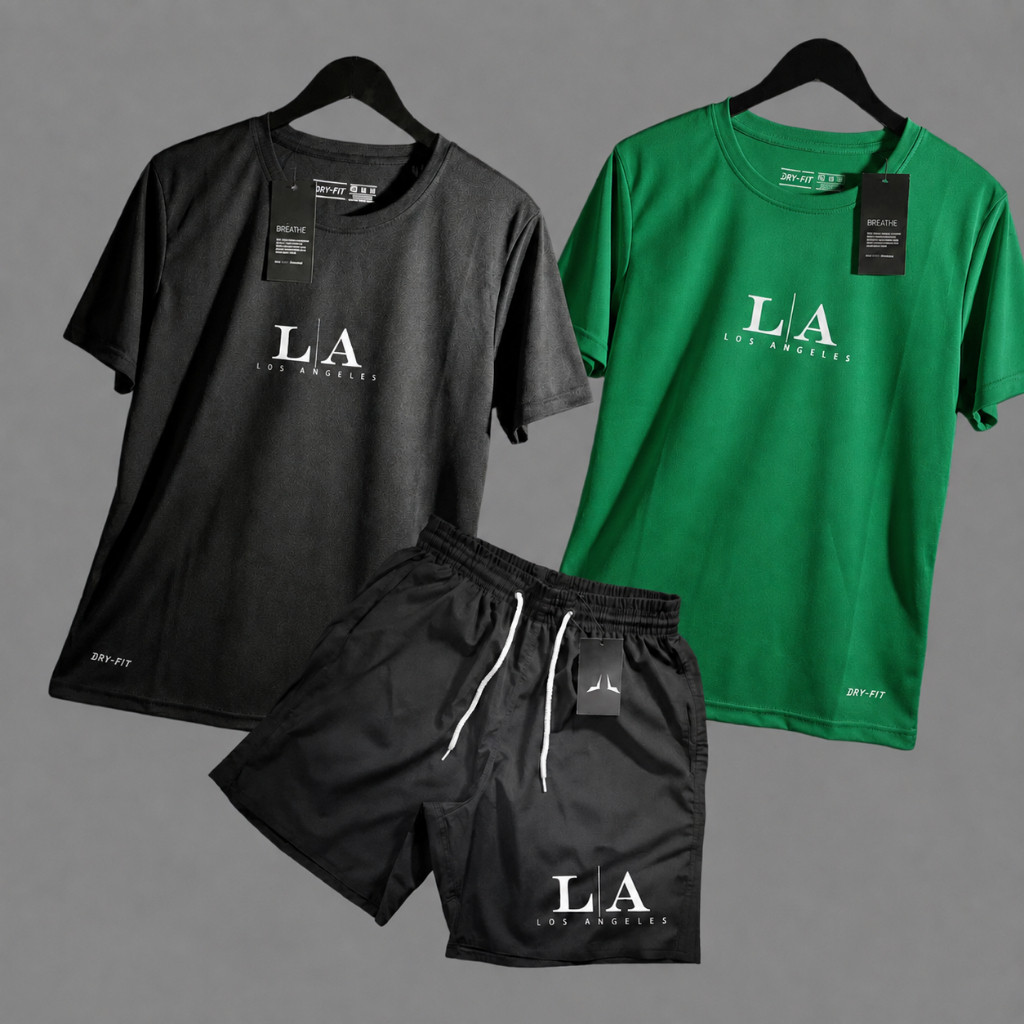 Kit Conjunto Academia Masculino 2 Camisas Dry Fit Anti Suor e 1 Short Mauricinho Esporte