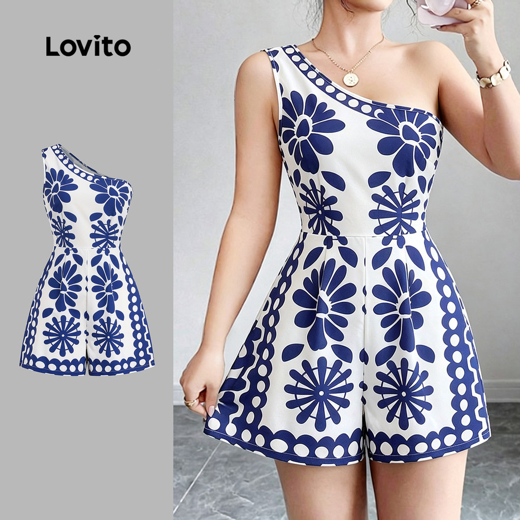 Lovito Macacão Boho Assimétrico de Flores com Ombro À Mostra para Mulheres Primavera/Verão JRB199P2D426