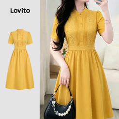 Lovito Vestido Casual de Renda Plissado com Zíper para Mulheres Primavera/verão amarelo Bordado DRBR37BR190