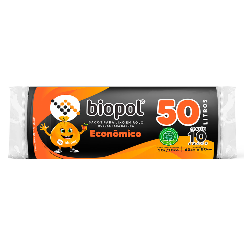 Saco de Lixo Econômico Biopol Preto 50L com 10Un