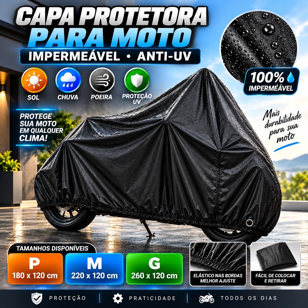 Capa Para Moto Impermeável Anti UV Proteção Sol Chuva Poeira e Riscos Polietileno P M G