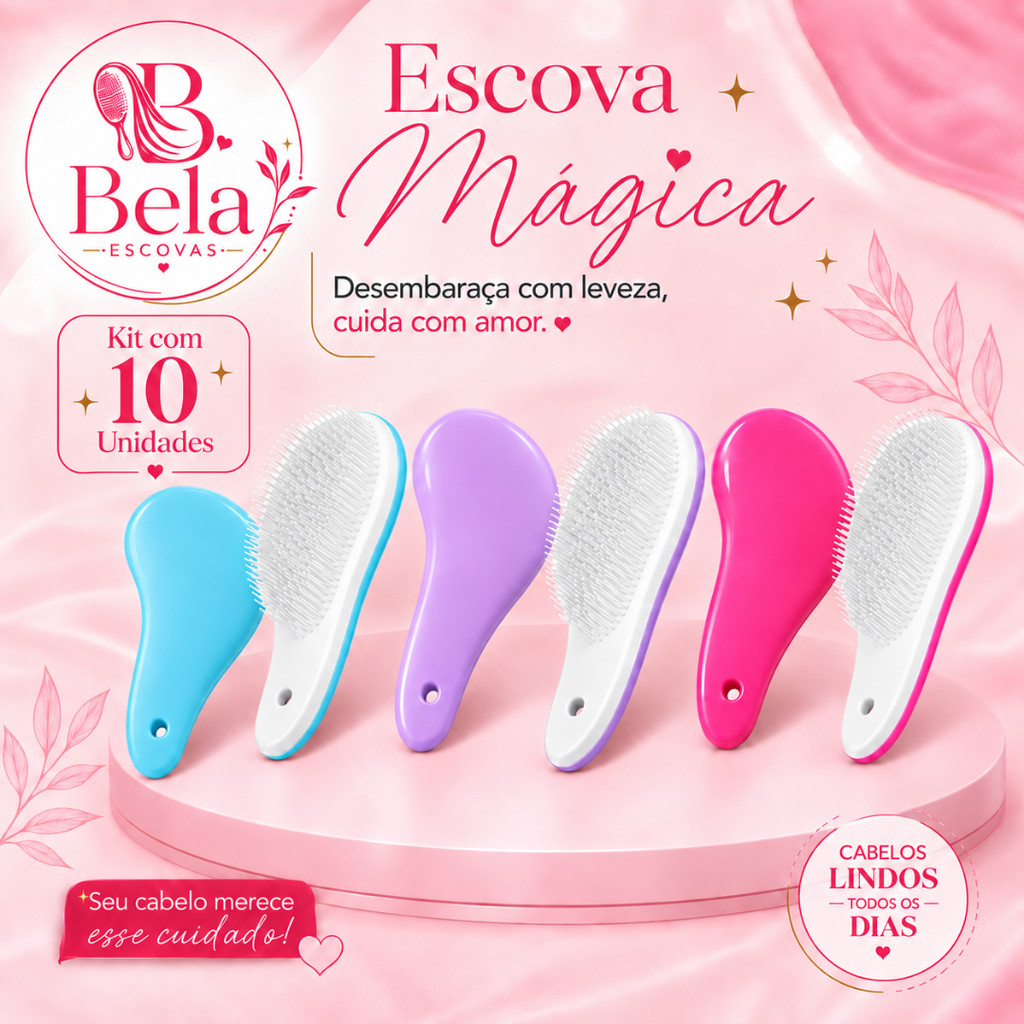 Kit com 10 Escovas Mágicas Cerda Branca para Cabelos Incríveis - Anti Frizz