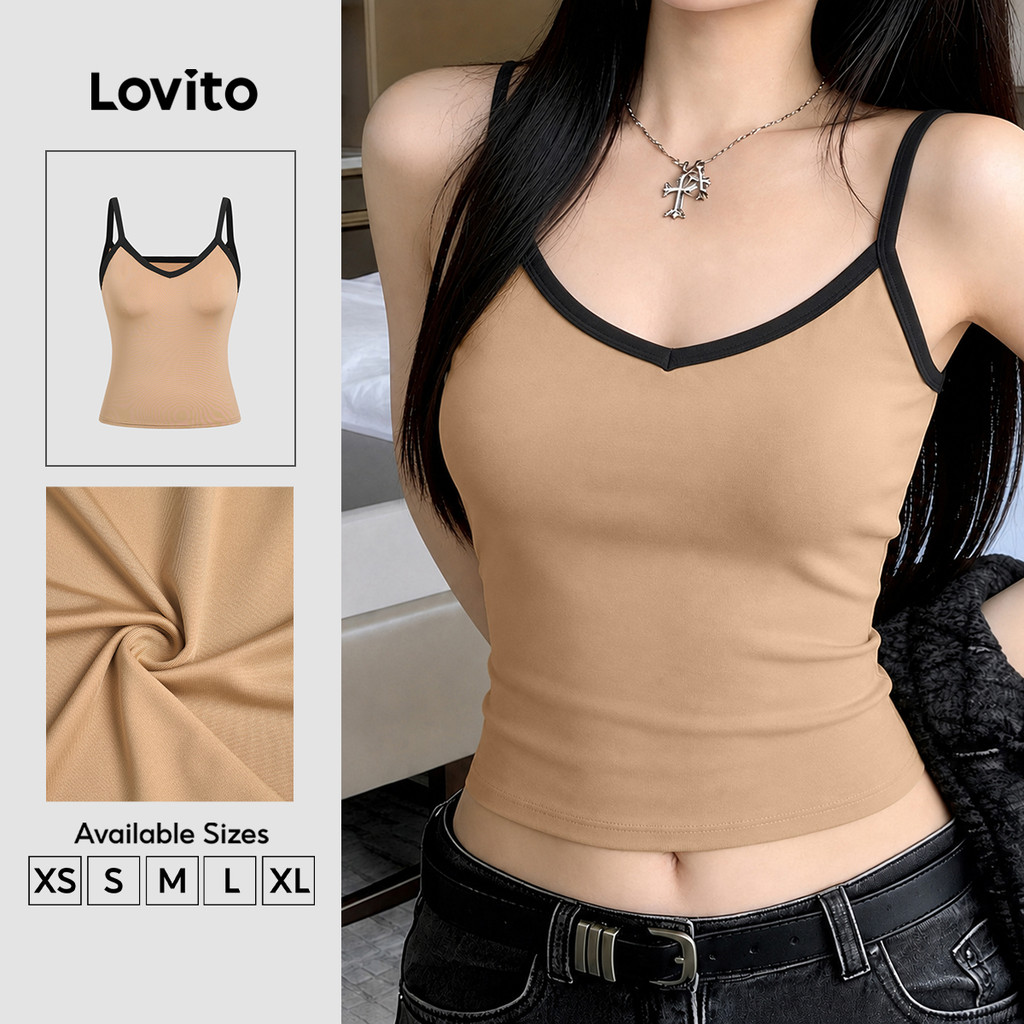 Lovito Top Casual com Ombro À Mostra em Caqui com Blocos de Cor para mulheres TKK8P1D803
