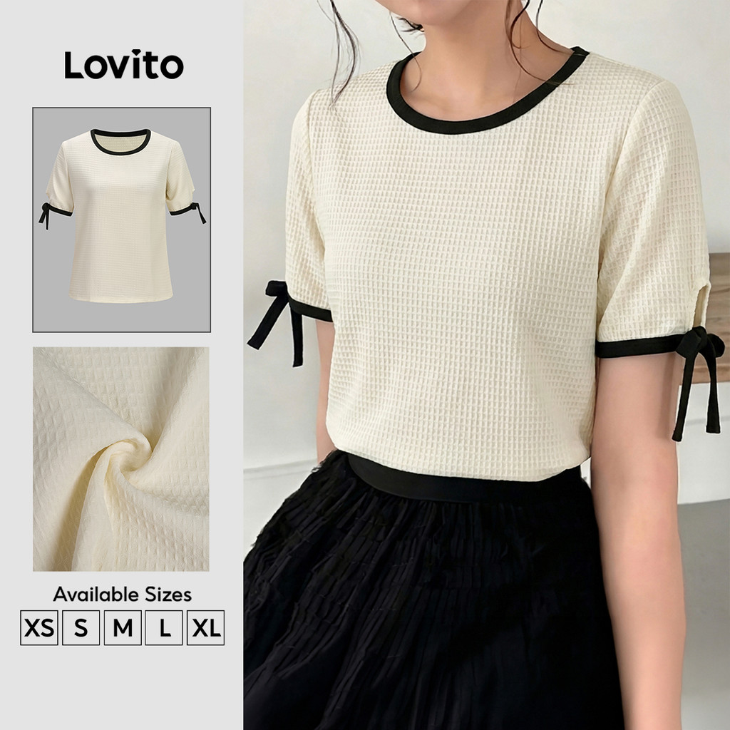 Lovito Elegante Camiseta Feminina de Cor Contraste com Textura de Tecido para Cor damasco TSK8P2D1011
