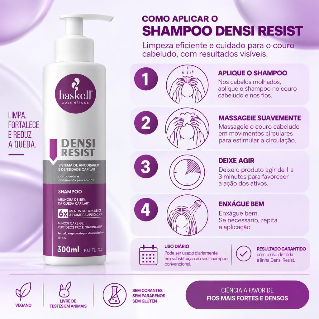 Shampoo Densi Resist 300ml Haskell Para Cabelos com Queda, Afinamento e Quebra Tratamento antiqueda e antiquebra · foto 2
