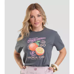 T-Shirt Feminina com Estampa de Frutas Dianna Cinza
