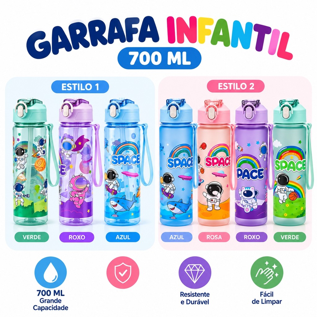 Garrafa Infantil 700ml com Canudo e Alça – Modelos Sortidos para Escola e Passeios