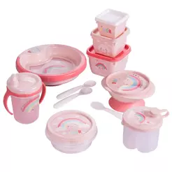 Kit Introdução Alimentar 6 Peças Arco íris Caneca Treinamento Pote Tigela Colher Prato Rosa Bebê Plasútil