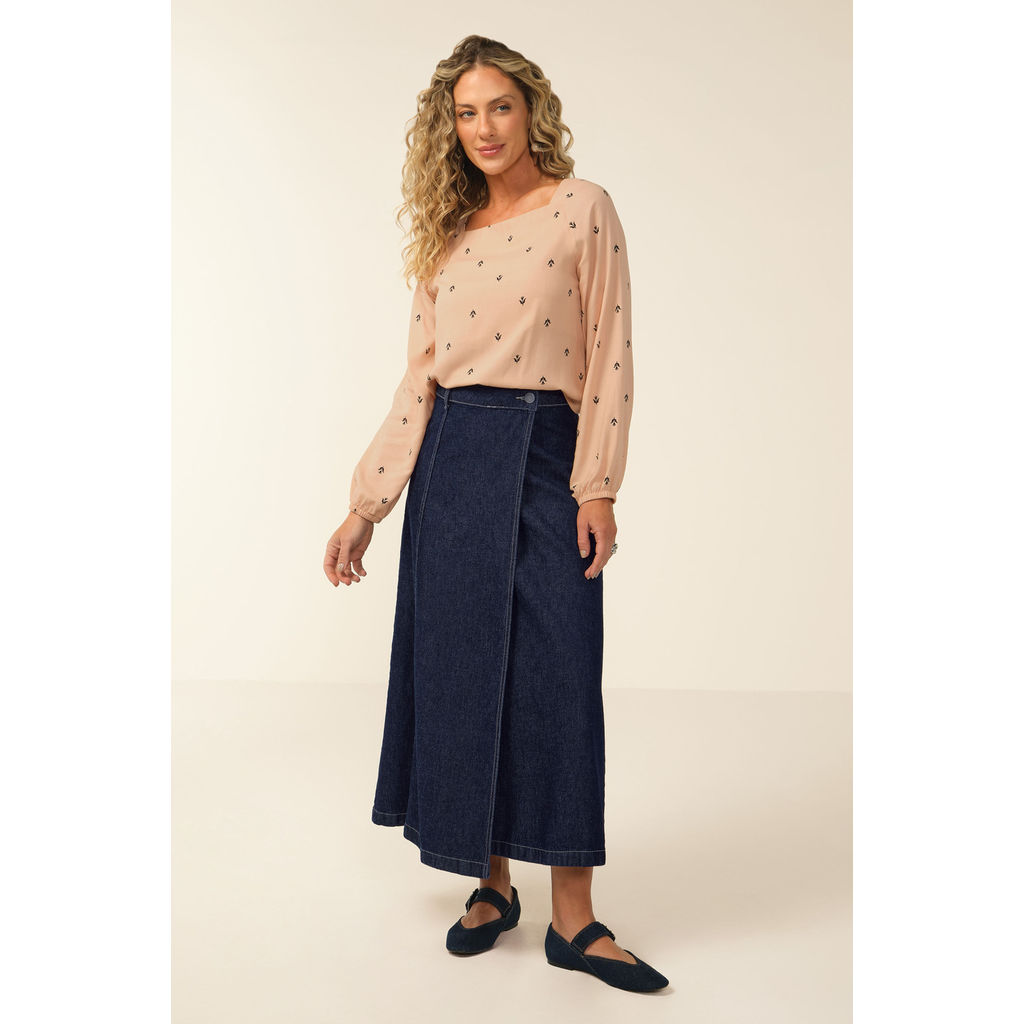 Saia Midi Longo Feminina Jeans Evasê Marialícia Azul · foto 2