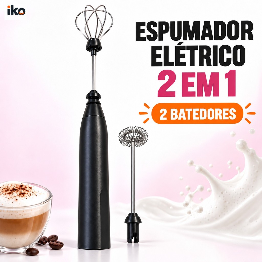 Espumador de Leite Elétrico 2 em 1 USB com 2 Batedores – Mini Mixer para Café, Cappuccino, Ovos e Cremes