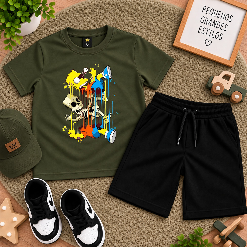 Kit Infantil Masculino Camiseta + Bermuda Moletinho Estampado Desenho Famoso Passeio
