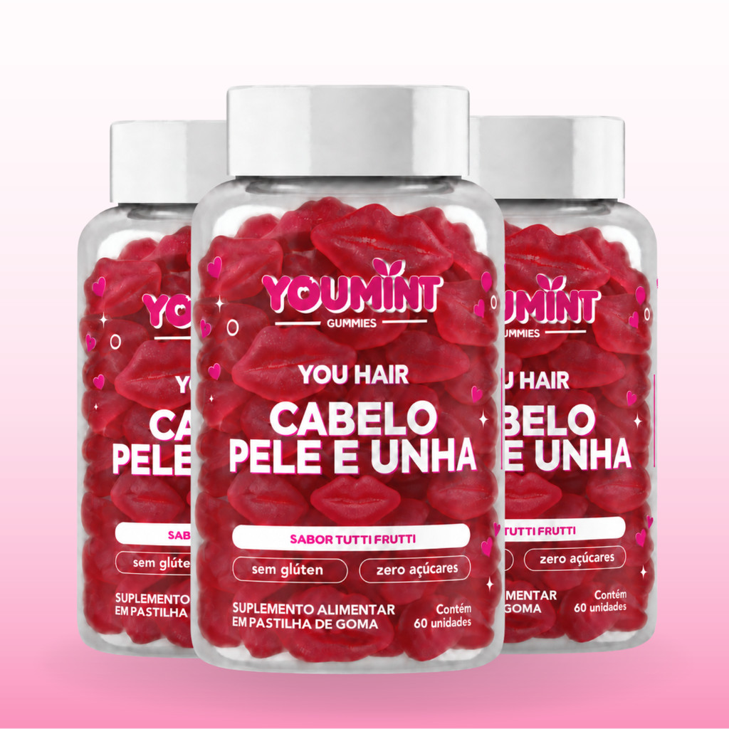 Kit 3 Potes | Gummy Cabelo, Pele e Unha | Sabor Tutti Frutti | 180 un.