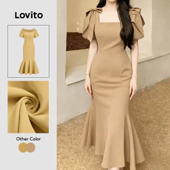 Vestido Feminino Lovito Elegante Nacional Leve para Primavera/verão com Cadarço Cor Cáqui Claro Bordado L172ED407