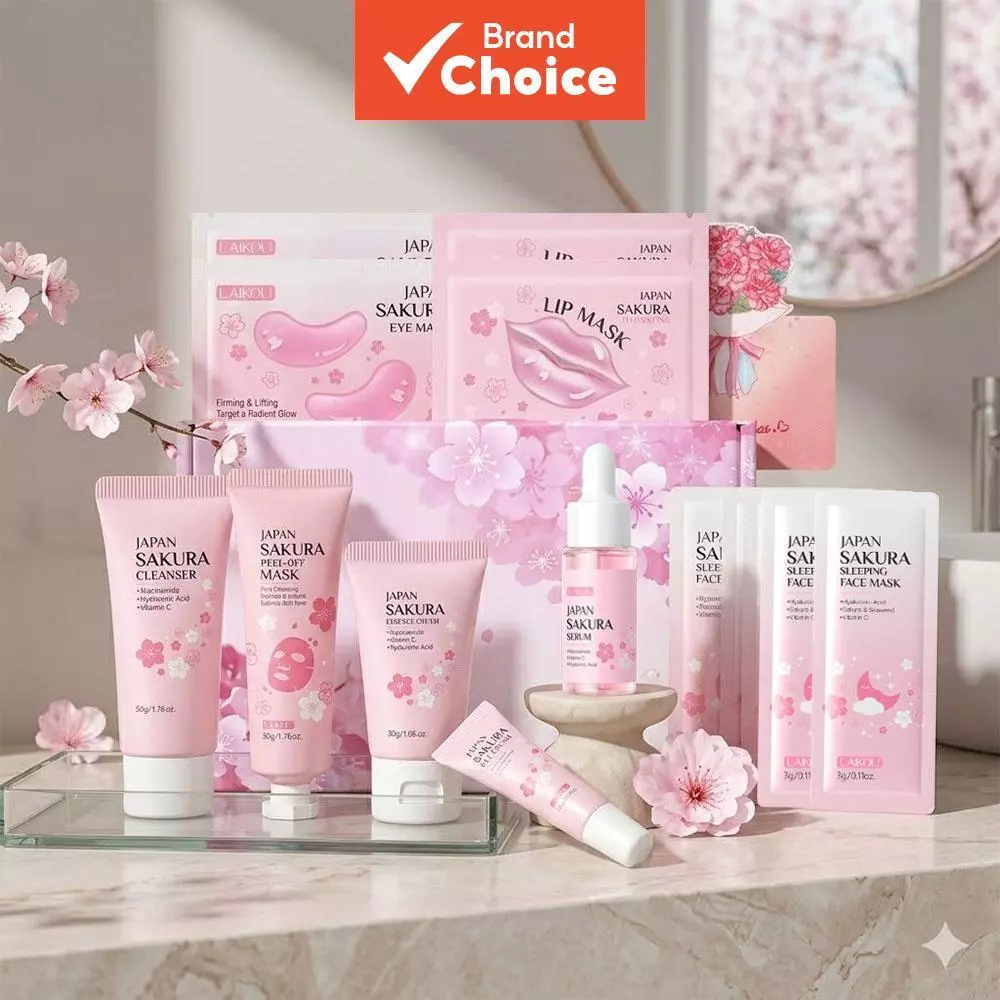 Conjunto Completo de Cuidados com a Pele LAIKOU Japão Sakura - Sabonete Facial, Sérum, Creme para Área dos Olhos e