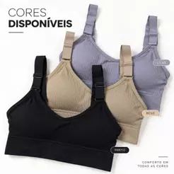 Kit Até 3 TOP Sutiãs Femininos Canelados Poliamida Com Bojo Removível Sem Fecho Nas Costas Alça Larga Alta Sustentação